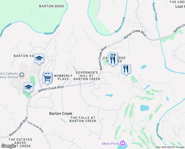 map of restaurants, bars, coffee shops, grocery stores, and more near 2300 Barton Creek Boulevard in Austin