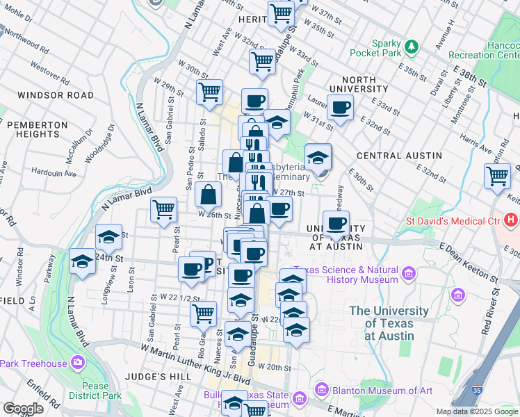 map of restaurants, bars, coffee shops, grocery stores, and more near 2604 Hume Place in Austin