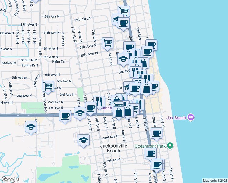 map of restaurants, bars, coffee shops, grocery stores, and more near 326 North 6th Street in Jacksonville Beach