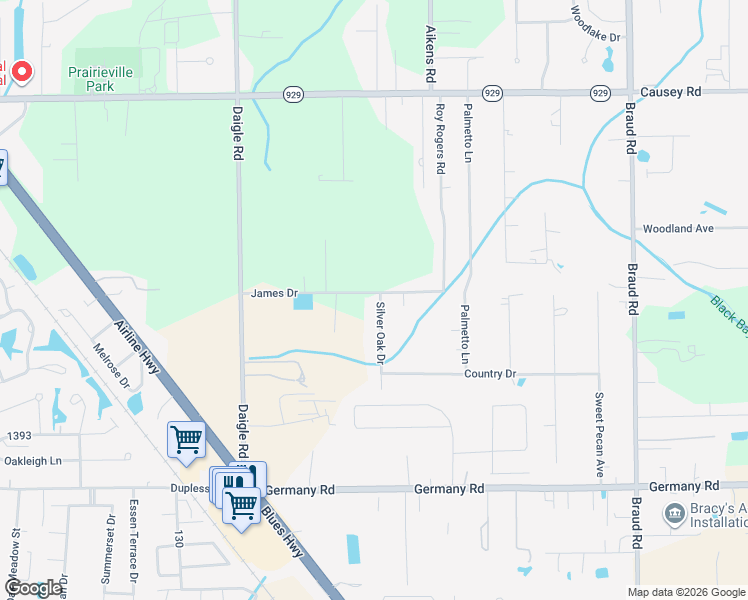map of restaurants, bars, coffee shops, grocery stores, and more near 39181 James Drive in Prairieville