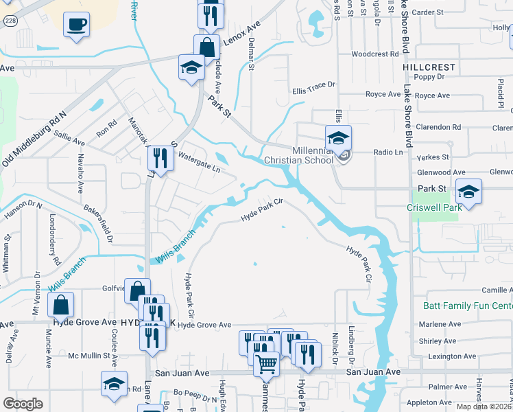 map of restaurants, bars, coffee shops, grocery stores, and more near 6003 Hyde Park Circle in Jacksonville