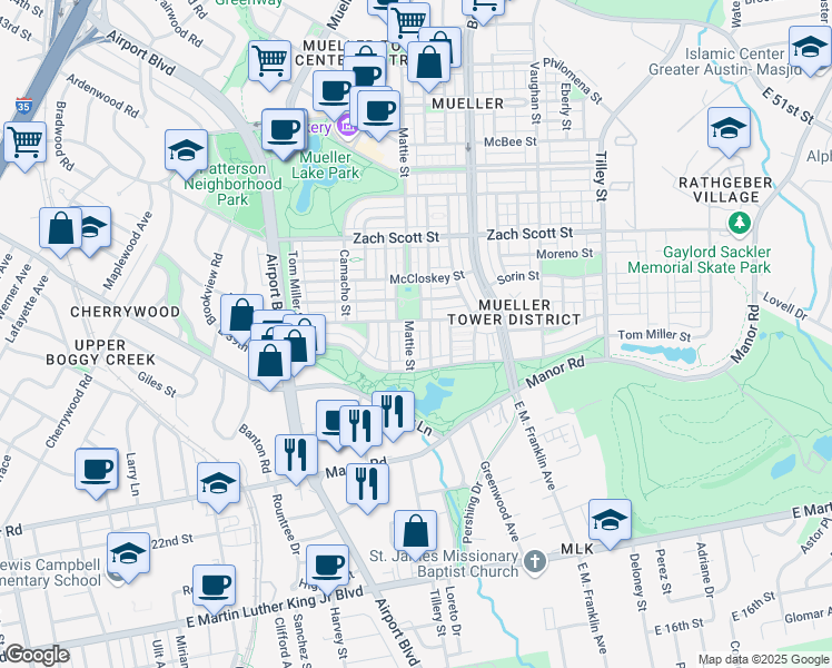map of restaurants, bars, coffee shops, grocery stores, and more near 3913 Mattie Street in Austin