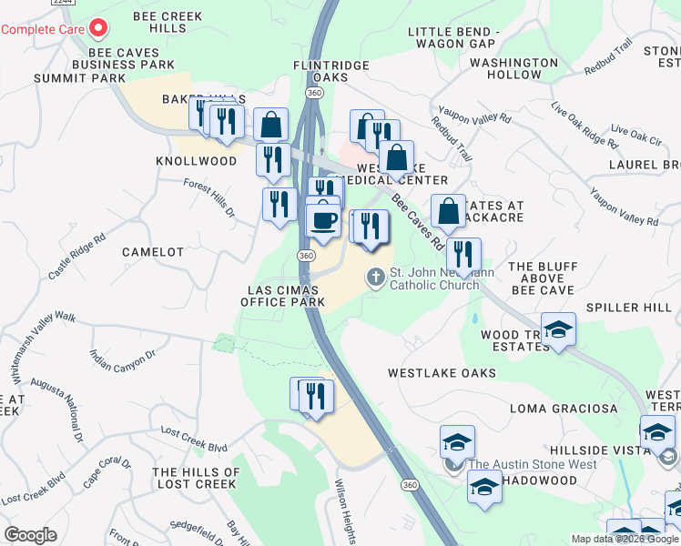 map of restaurants, bars, coffee shops, grocery stores, and more near 701 South Capital of Texas Highway in Austin