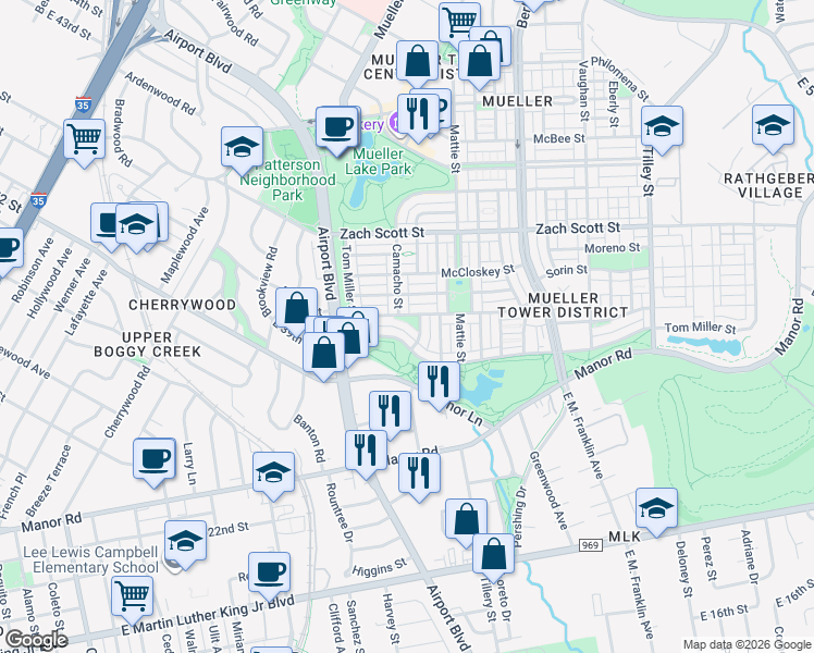 map of restaurants, bars, coffee shops, grocery stores, and more near 3925 Sahm Street in Austin
