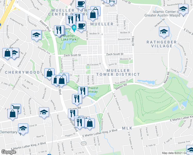 map of restaurants, bars, coffee shops, grocery stores, and more near 3904 Hermalinda Street in Austin