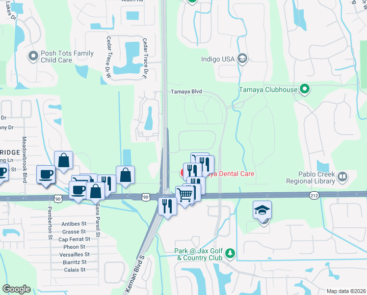 map of restaurants, bars, coffee shops, grocery stores, and more near 12637 Josslyn Lane in Jacksonville