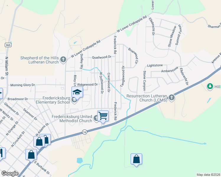 map of restaurants, bars, coffee shops, grocery stores, and more near 116 Crestwood Drive in Fredericksburg