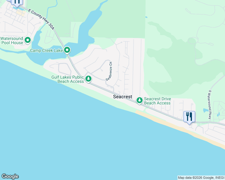 map of restaurants, bars, coffee shops, grocery stores, and more near 25 Seabreeze Trail in Seacrest