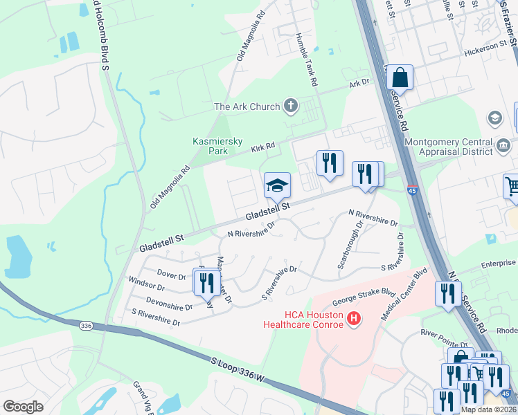 map of restaurants, bars, coffee shops, grocery stores, and more near 903 Melanie Park in Conroe