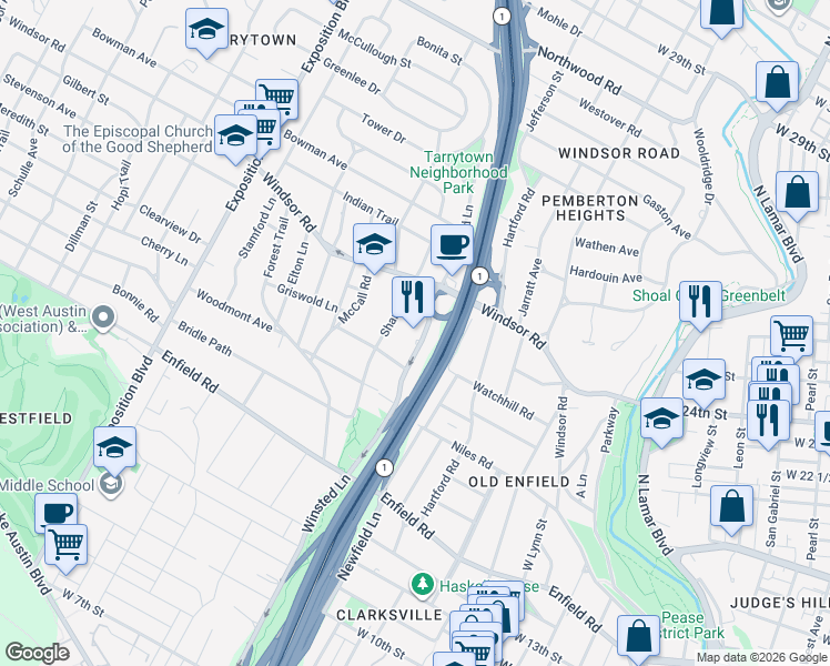 map of restaurants, bars, coffee shops, grocery stores, and more near 1909 Sharon Lane in Austin