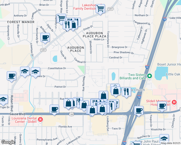 map of restaurants, bars, coffee shops, grocery stores, and more near 988 Asheville Drive in Slidell