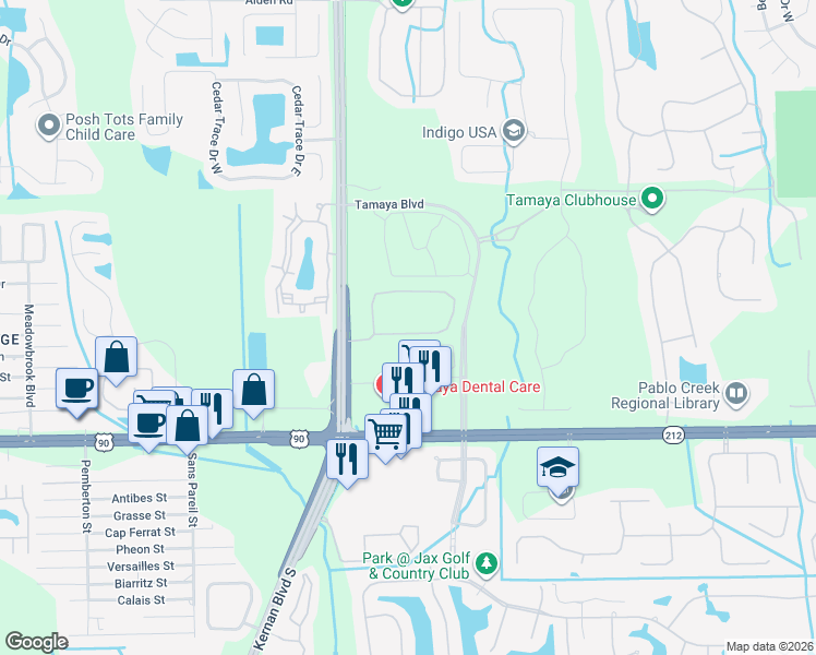 map of restaurants, bars, coffee shops, grocery stores, and more near 12675 Josslyn Lane in Jacksonville