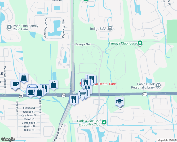 map of restaurants, bars, coffee shops, grocery stores, and more near 12675 Josslyn Lane in Jacksonville