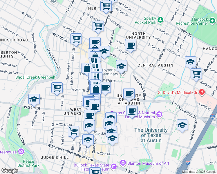 map of restaurants, bars, coffee shops, grocery stores, and more near 2619 Whitis Avenue in Austin