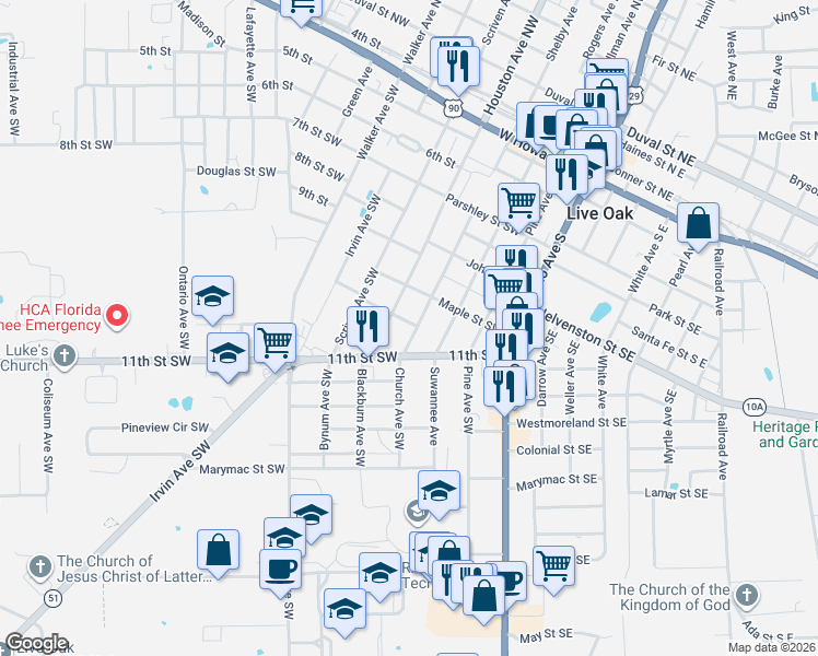 map of restaurants, bars, coffee shops, grocery stores, and more near 707 Houston Ave SW in Live Oak