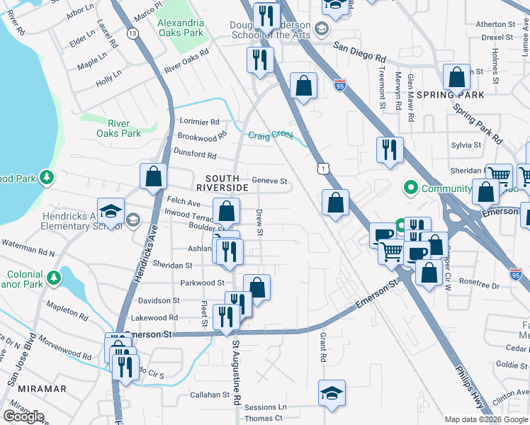 map of restaurants, bars, coffee shops, grocery stores, and more near 2112 Felch Avenue in Jacksonville