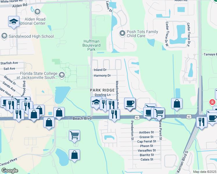 map of restaurants, bars, coffee shops, grocery stores, and more near 11955 Walle Drive in Jacksonville