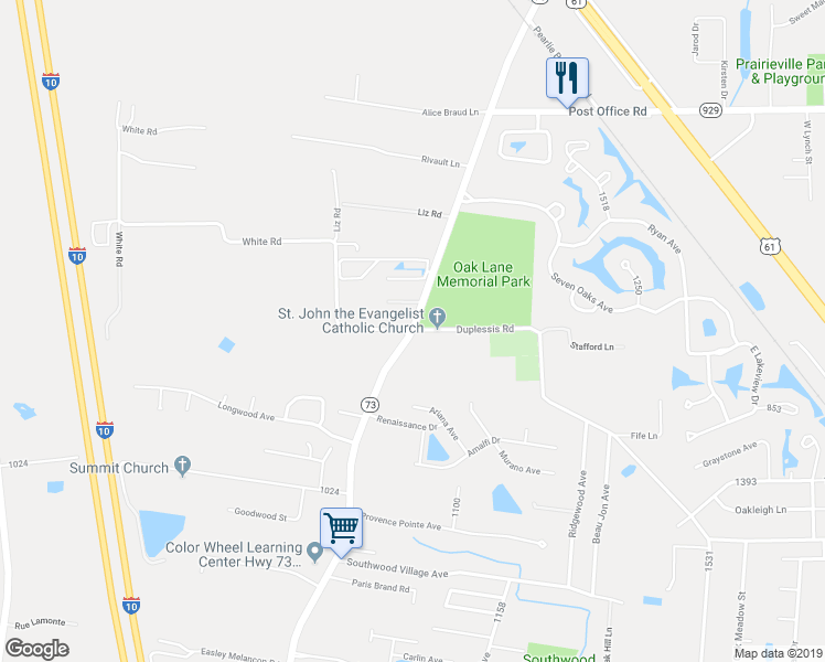map of restaurants, bars, coffee shops, grocery stores, and more near 15221 Old Jefferson Highway in Prairieville
