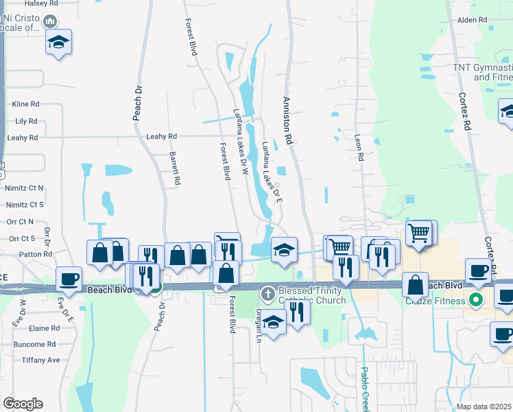 map of restaurants, bars, coffee shops, grocery stores, and more near 2945 Lantana Lakes Drive West in Jacksonville