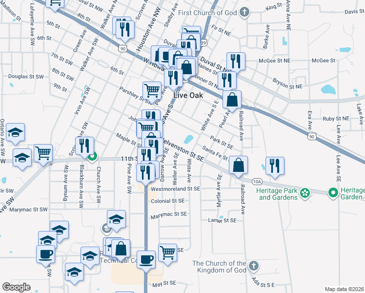 map of restaurants, bars, coffee shops, grocery stores, and more near 301 Helvenston Street Southeast in Live Oak