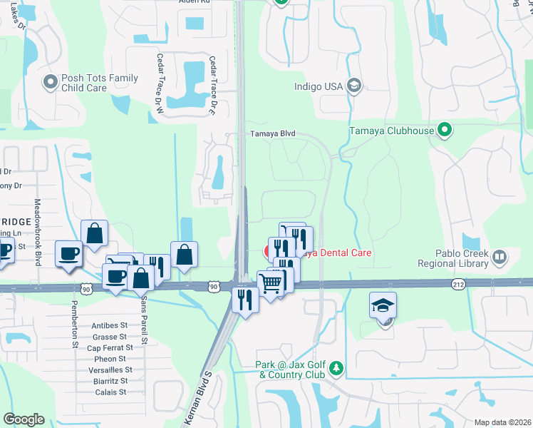 map of restaurants, bars, coffee shops, grocery stores, and more near 12637 Josslyn Lane in Jacksonville