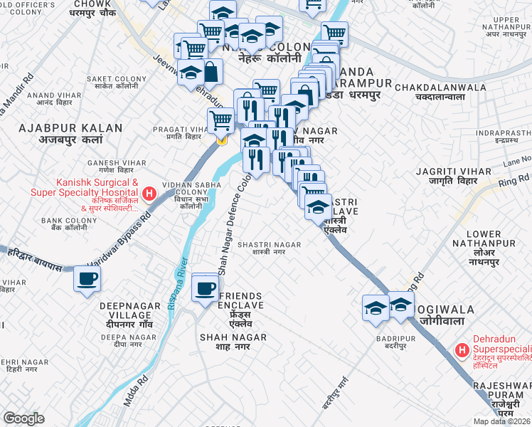 map of restaurants, bars, coffee shops, grocery stores, and more near Lane Number 1B in Dehradun