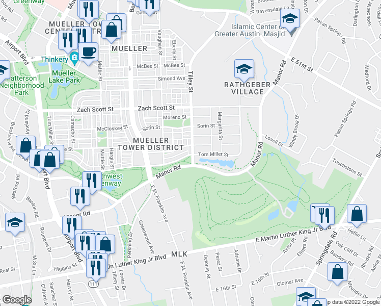 map of restaurants, bars, coffee shops, grocery stores, and more near 3802 Tilley Street in Austin