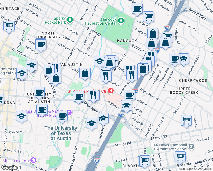 map of restaurants, bars, coffee shops, grocery stores, and more near 3203 Red River Street in Austin