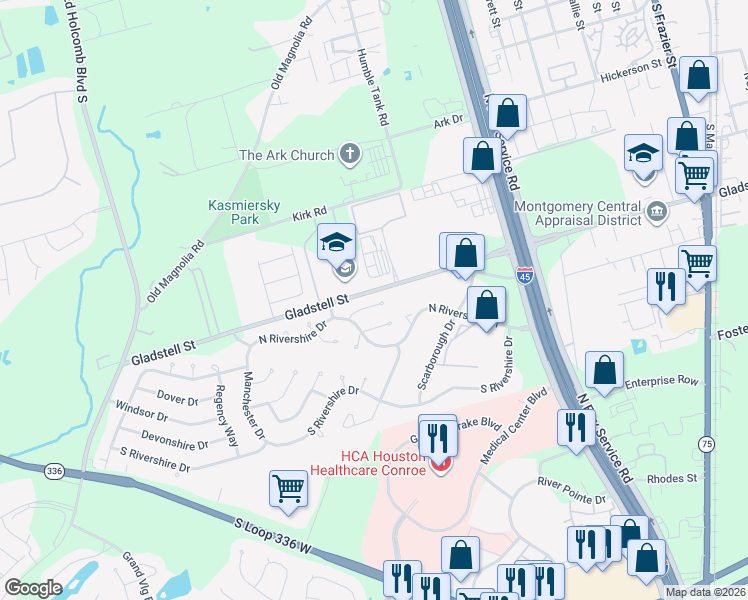map of restaurants, bars, coffee shops, grocery stores, and more near 10 Cambridge Road in Conroe