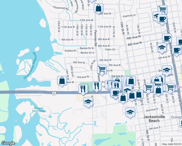 map of restaurants, bars, coffee shops, grocery stores, and more near 402 16th Street North in Jacksonville Beach
