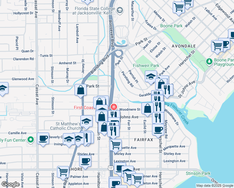 map of restaurants, bars, coffee shops, grocery stores, and more near 4455 Merrimac Avenue in Jacksonville