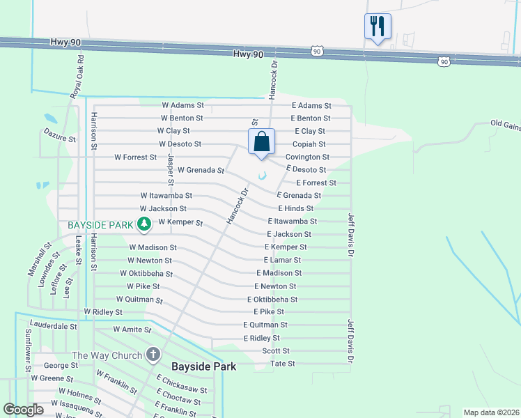 map of restaurants, bars, coffee shops, grocery stores, and more near 6175 East Hinds Street in Bay St. Louis