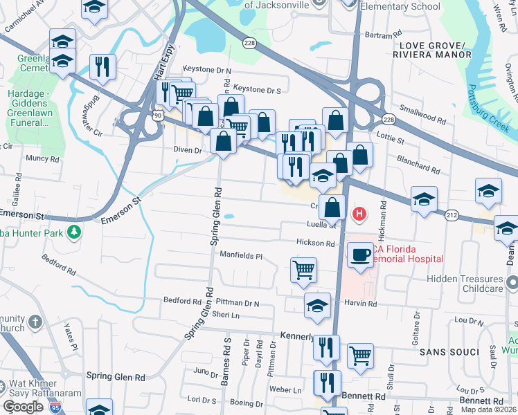 map of restaurants, bars, coffee shops, grocery stores, and more near 5544 Cruz Road in Jacksonville