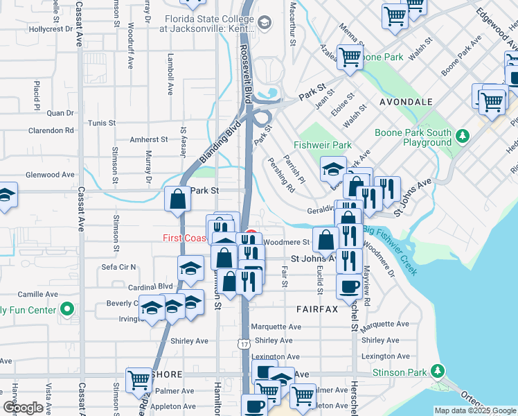 map of restaurants, bars, coffee shops, grocery stores, and more near 4455 Merrimac Avenue in Jacksonville