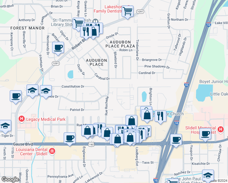 map of restaurants, bars, coffee shops, grocery stores, and more near 988 Asheville Drive in Slidell
