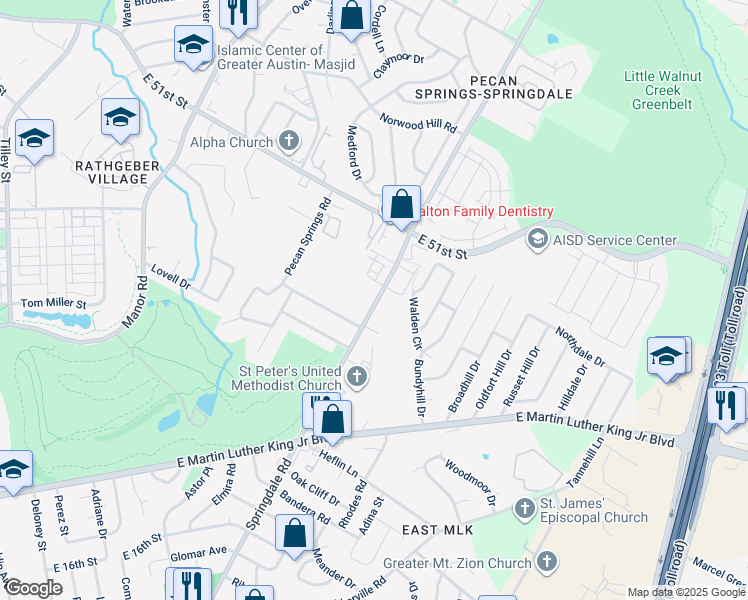 map of restaurants, bars, coffee shops, grocery stores, and more near 3500 Pecan Springs Road in Austin
