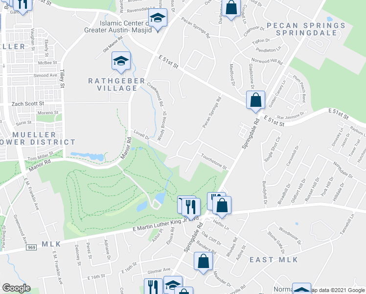 map of restaurants, bars, coffee shops, grocery stores, and more near 4621 Marlo Drive in Austin