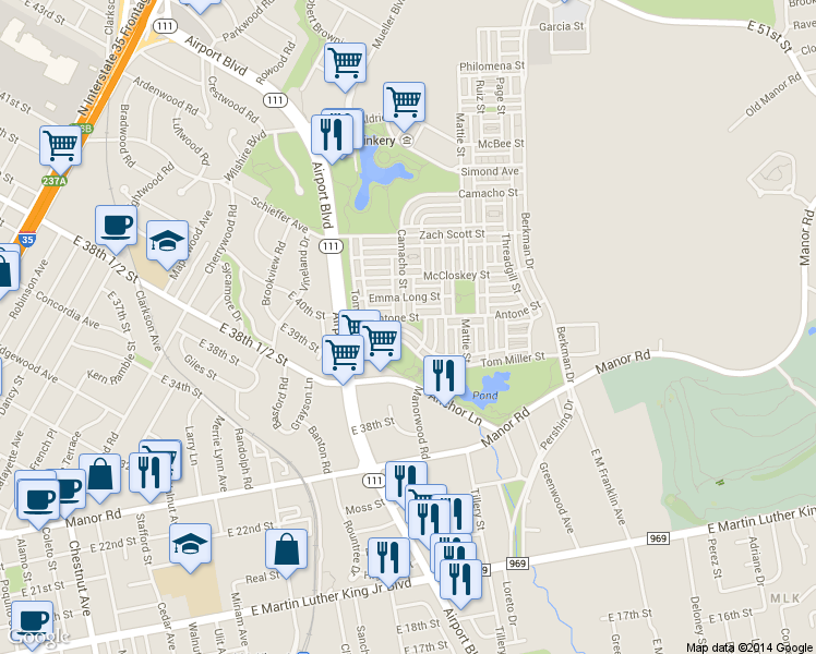 map of restaurants, bars, coffee shops, grocery stores, and more near 2324 Tom Miller Street in Austin