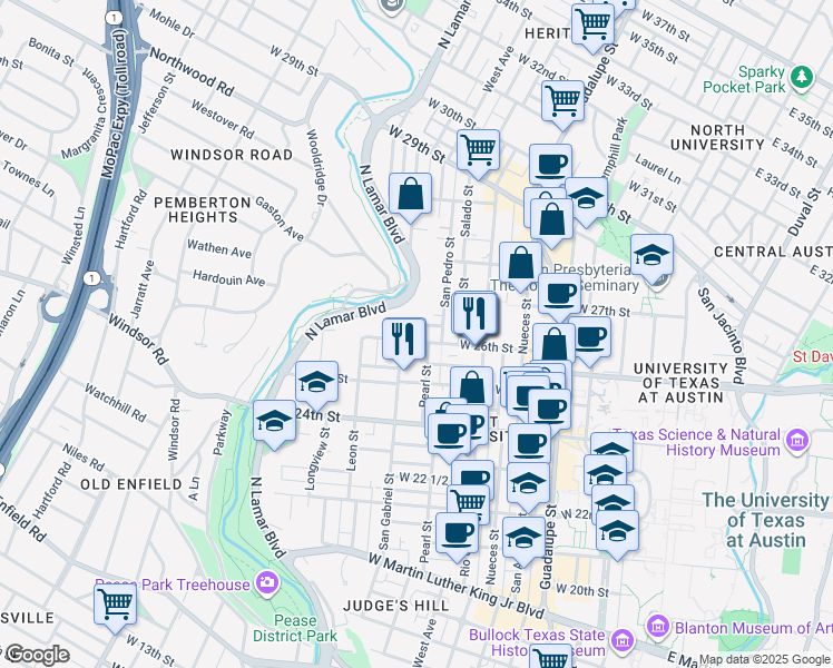 map of restaurants, bars, coffee shops, grocery stores, and more near 914 West 26th Street in Austin