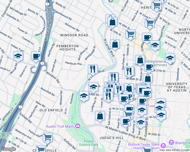map of restaurants, bars, coffee shops, grocery stores, and more near 2520 Longview Street in Austin
