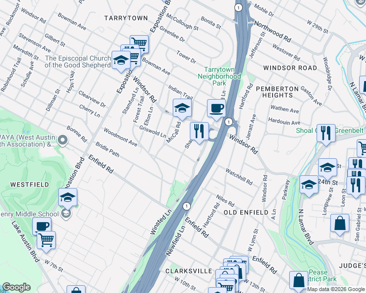 map of restaurants, bars, coffee shops, grocery stores, and more near 2108 Griswold Lane in Austin