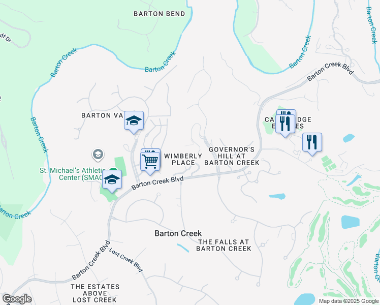 map of restaurants, bars, coffee shops, grocery stores, and more near 2500 Barton Creek Boulevard in Austin