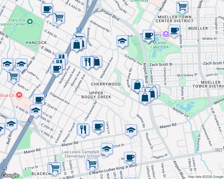 map of restaurants, bars, coffee shops, grocery stores, and more near 1709 East 38th 1/2 Street in Austin
