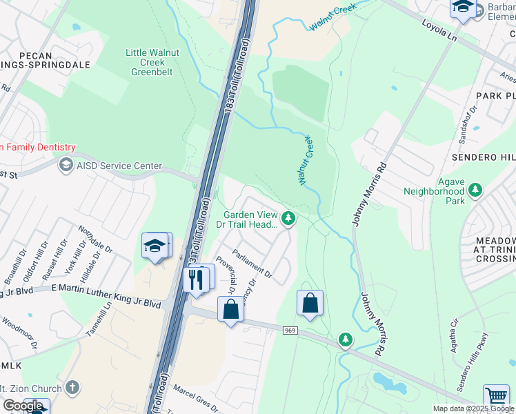 map of restaurants, bars, coffee shops, grocery stores, and more near 6007 Garden View Drive in Austin