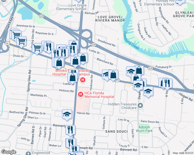 map of restaurants, bars, coffee shops, grocery stores, and more near 6200 Beach Boulevard in Jacksonville