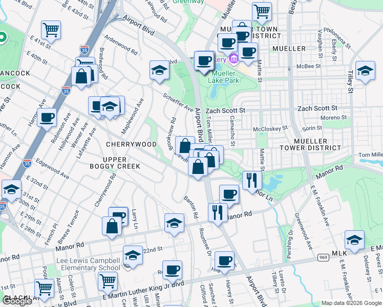 map of restaurants, bars, coffee shops, grocery stores, and more near 3906 Grayson Lane in Austin
