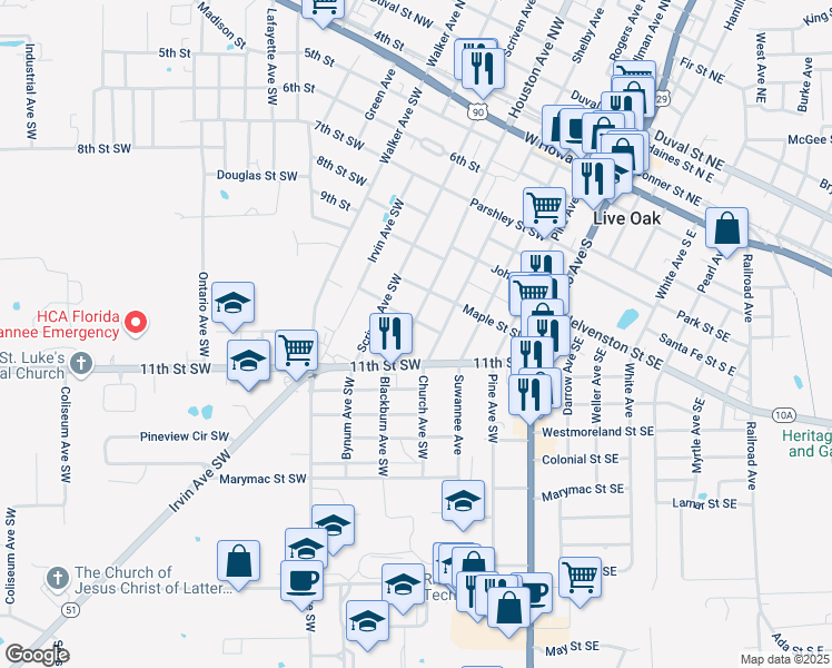 map of restaurants, bars, coffee shops, grocery stores, and more near 707 Houston Ave SW in Live Oak