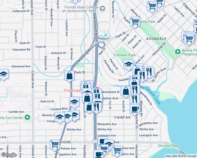 map of restaurants, bars, coffee shops, grocery stores, and more near 4455 Merrimac Avenue in Jacksonville