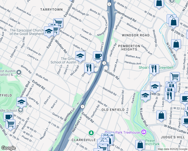 map of restaurants, bars, coffee shops, grocery stores, and more near 2009 Winsted Lane in Austin
