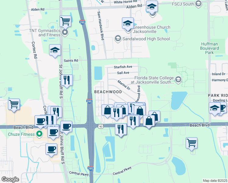 map of restaurants, bars, coffee shops, grocery stores, and more near 11619 Cape Horn Avenue in Jacksonville